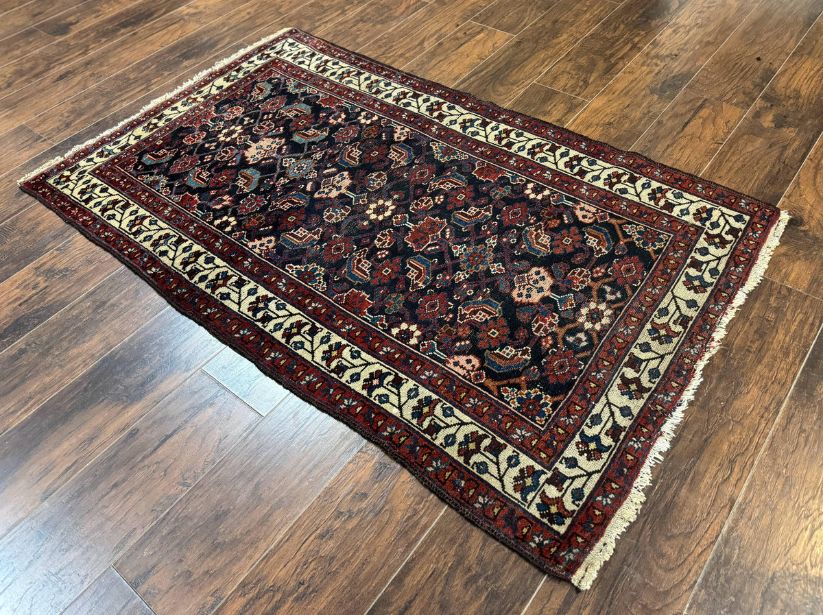 Navy Blue Antique Persian Rug 3x6, Blue and Ivory Persian Carpet, Handmade 1920s Hamadan Rug - Jewel Rugs, view 13