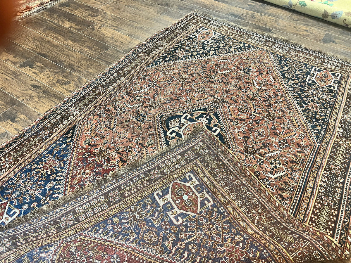 Antique Persian Shiraz Tribal Rug 6x8, Geometric Rug, Wool Handmade Hand Knotted Carpet, Red Blue - Jewel Rugs, view 11