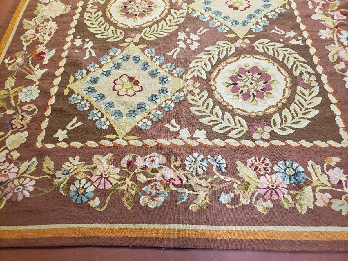 Aubusson Rug 6 x 9 Flat Weave Area Carpet European Design Flowers New Brown Rug Handmade Wool Hand-Knotted Aubusson Weave Medium Rug 6x9 - Jewel Rugs, view 13