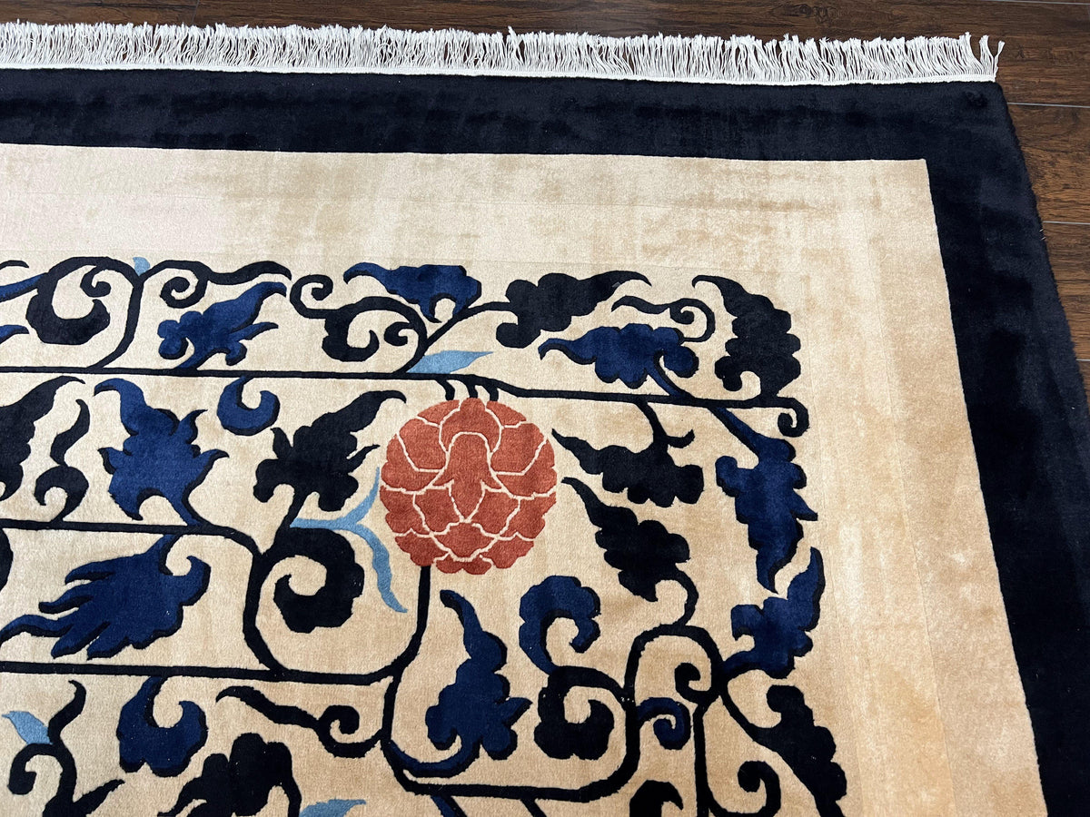 Antique Chinese Peking Rug 10x14, Beige Black, Handmade Wool Art Deco Carpet - Jewel Rugs, view 8