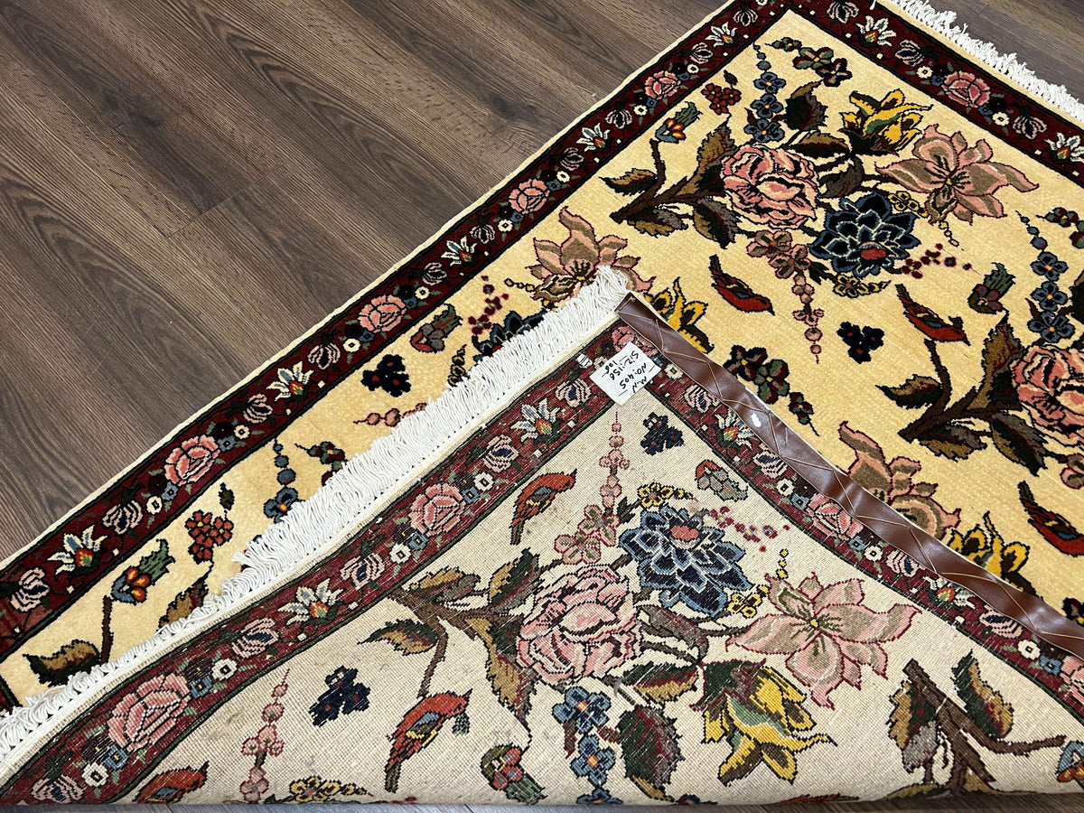 Persian Bidjar Rug 3.6 x 5 ft, Repeated Floral Motifs, Roses and Birds, Cream Burgundy, Fine Wool Oriental Bijar Carpet, Vintage Traditional Area Rug - Jewel Rugs, view 11