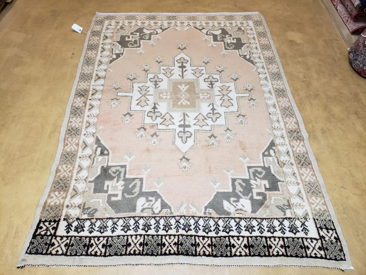Antique Moroccan Rug 5x7 Tribal Carpet, Hand-Knotted Soft Wool Pile, 5 x 7 Area Rug, Berber Rug, Geometric Open Field Medallion, Pink Ivory - Jewel Rugs, view 2