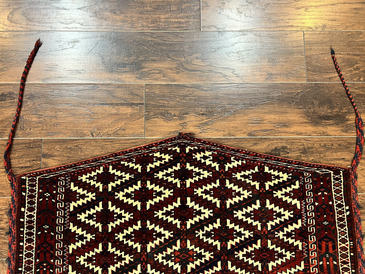 Antique Turkoman Camel Trapping, Turkoman Asmalyk, Red Black Ivory, Handmade, Hand Knotted Tribal Collectible Rug, Rare - Jewel Rugs, view 3