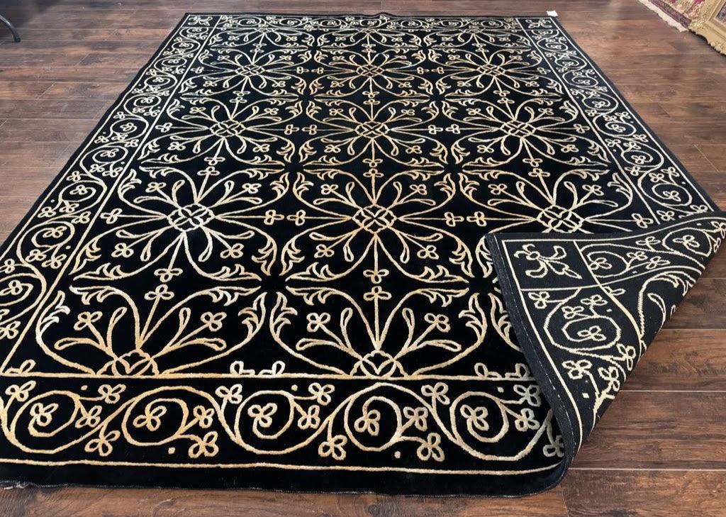 Tibetan Rug 8x10, Wool and Silk, Raised Pattern, Black and Gold, Floral - Jewel Rugs, view 12