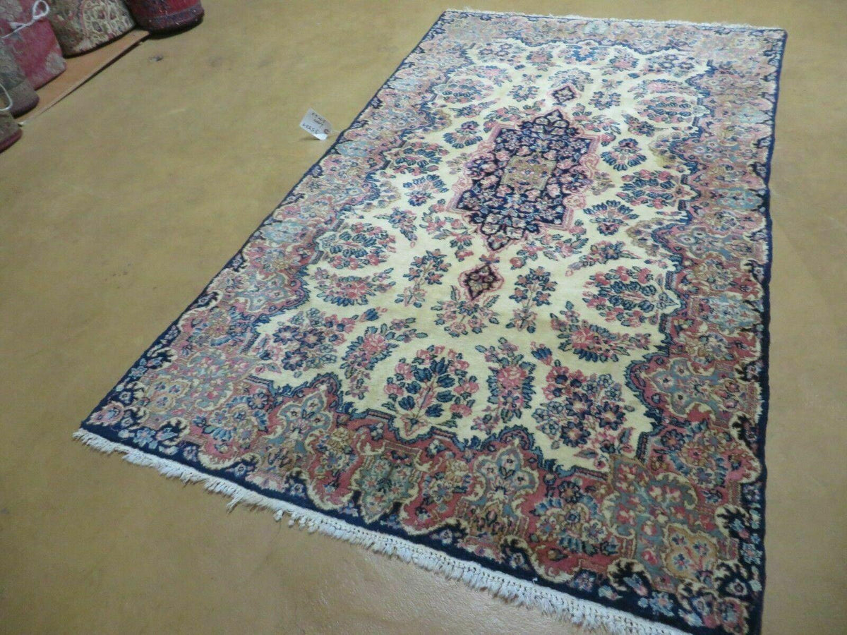 Antique Persian Kirman Rug 3.9 x 6.6, Floral Oriental Carpet, Ivory/Cream - Blue - Pink, Hand Knotted Wool Rug, Floral Medallion Rug 4x6 - Jewel Rugs, view 3
