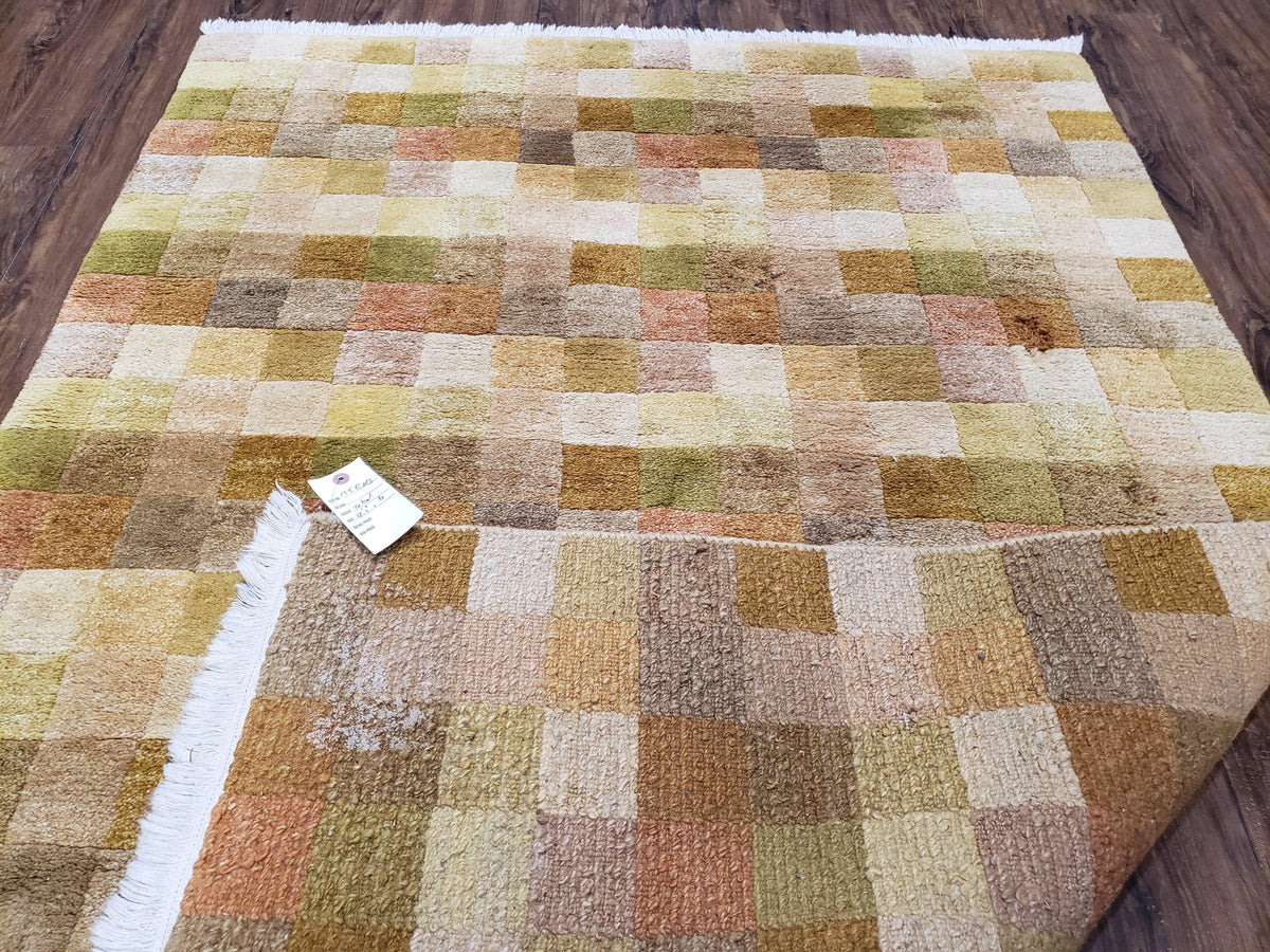 4x6 Tibetan Rug, Modern Abstract Handmade Area Rug, Checkerboard Pattern, Neutral Ivory Gold Tan Colors, Soft Pile, Mid Sized Rug, Nepali - Jewel Rugs, view 12