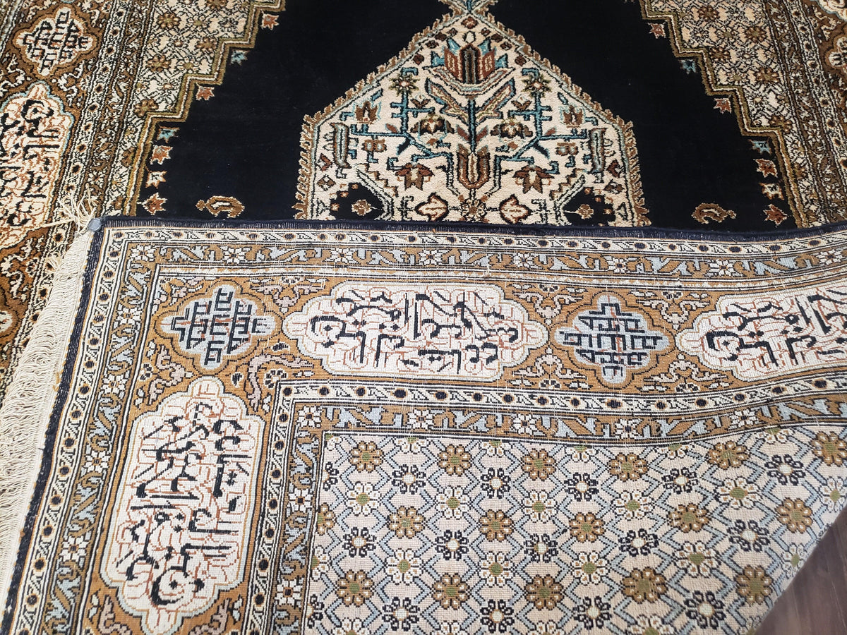 Persian Silk Qum Rug, Silk on Silk, Black Golden Brown and Beige, Hand-Knotted, 3'6" x 5' 5" - Jewel Rugs, view 11