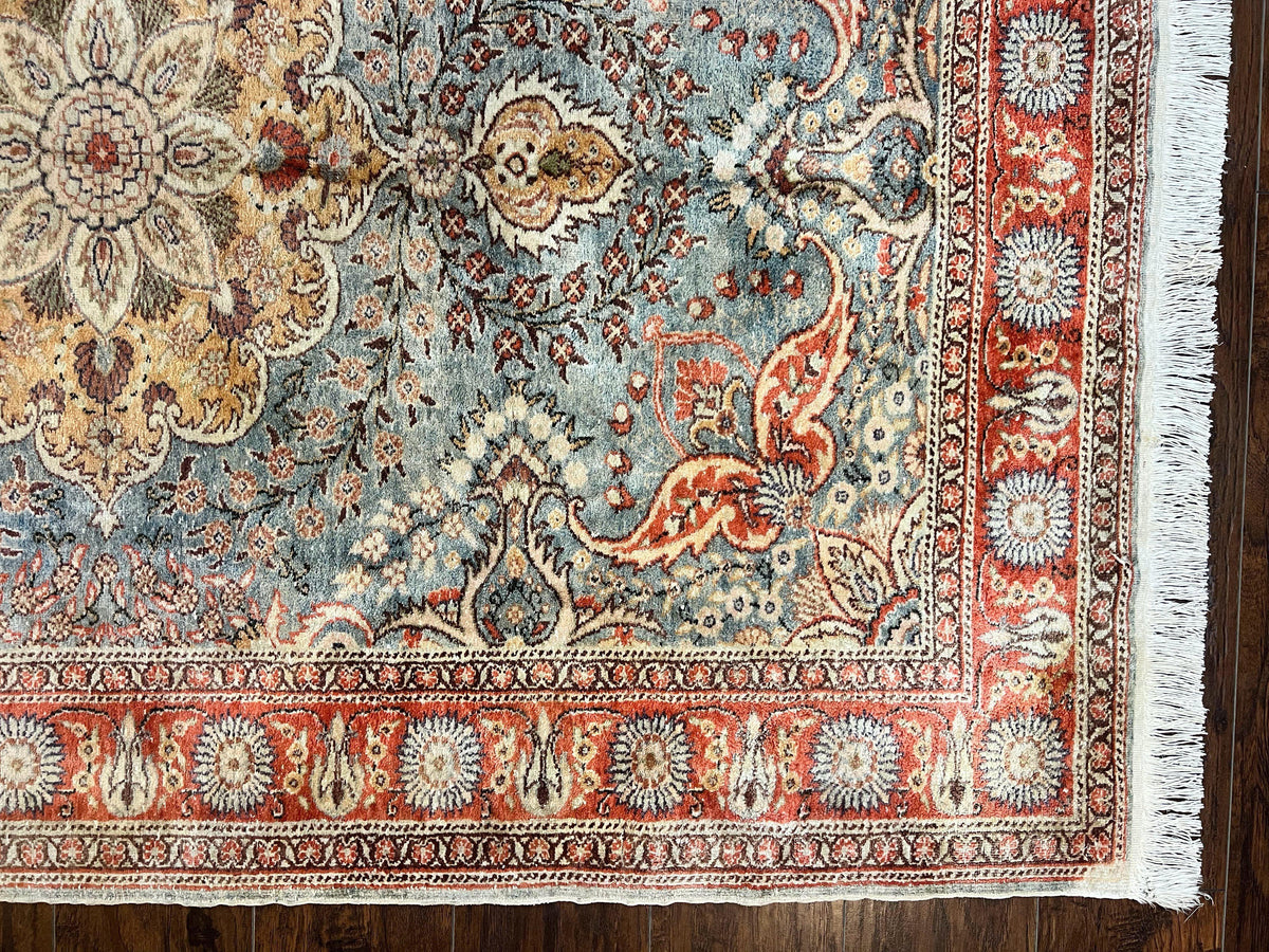Silk Turkish Rug 5x7, Light Blue Silk Carpet, Floral Medallion, Turkish Kayseri Rug, Vintage Handmade Oriental Rug - Jewel Rugs, view 8