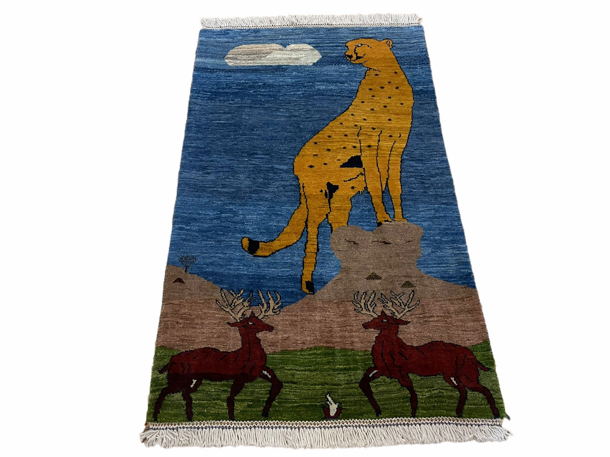 3 x 5 Handmade New Vintage Wool Blue Rug Leopard Lion Jaguar Deer Organic Dyes - Jewel Rugs, view 2