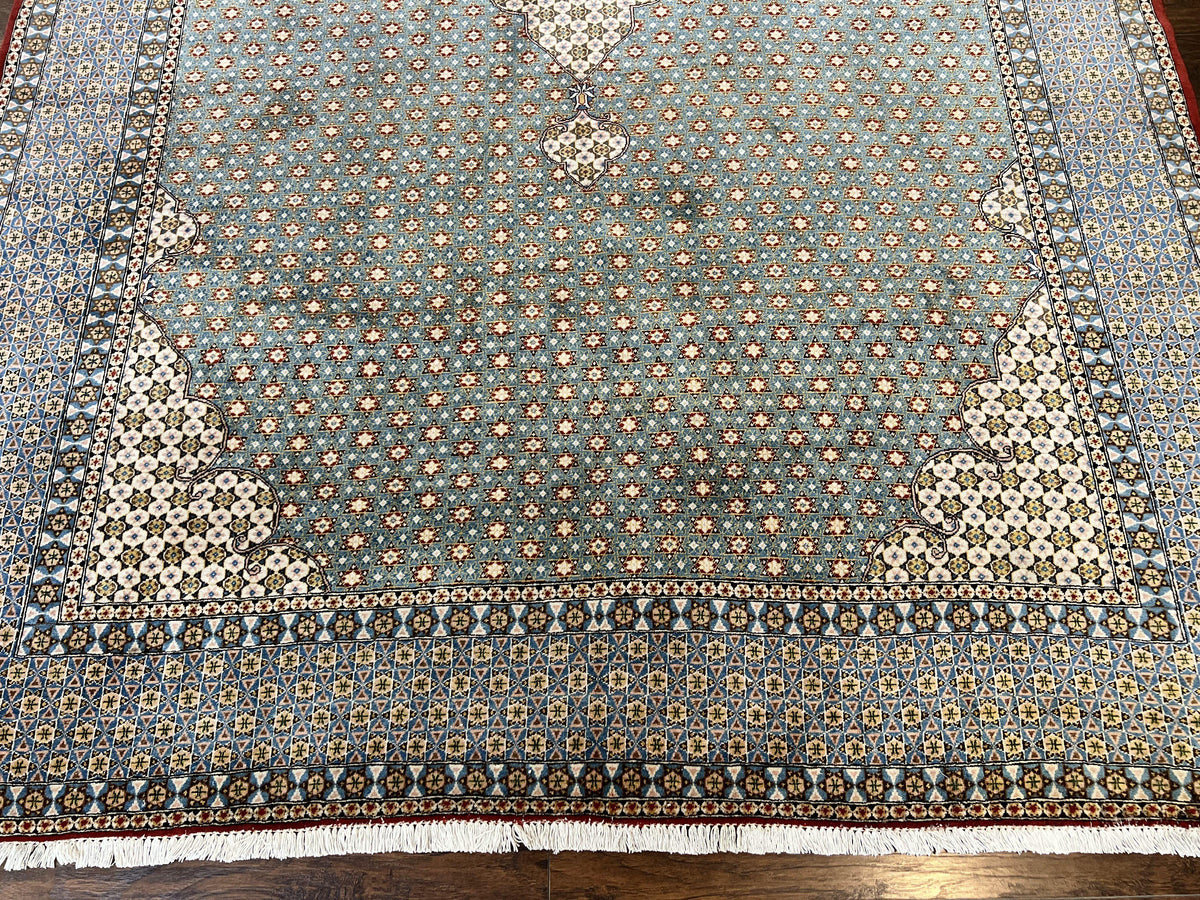Rare Persian Rug 8x12, Qum Rug, Repeated Star Motifs, Blue and Ivory, Fine 300 KPSI, Hand Knotted Handmade Vintage Wool Rug - Jewel Rugs, view 5
