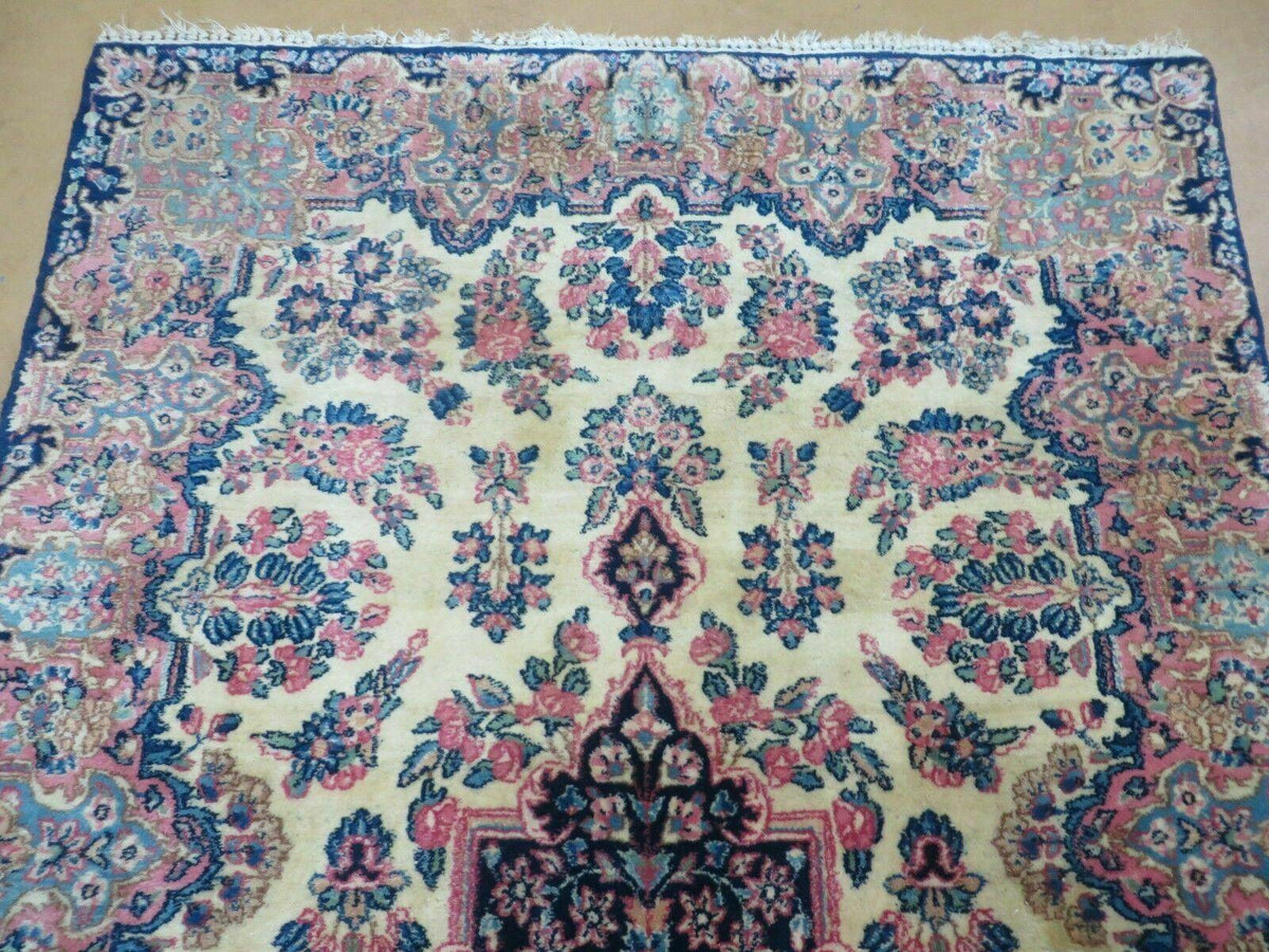 Antique Persian Kirman Rug 3.9 x 6.6, Floral Oriental Carpet, Ivory/Cream - Blue - Pink, Hand Knotted Wool Rug, Floral Medallion Rug 4x6 - Jewel Rugs, view 4
