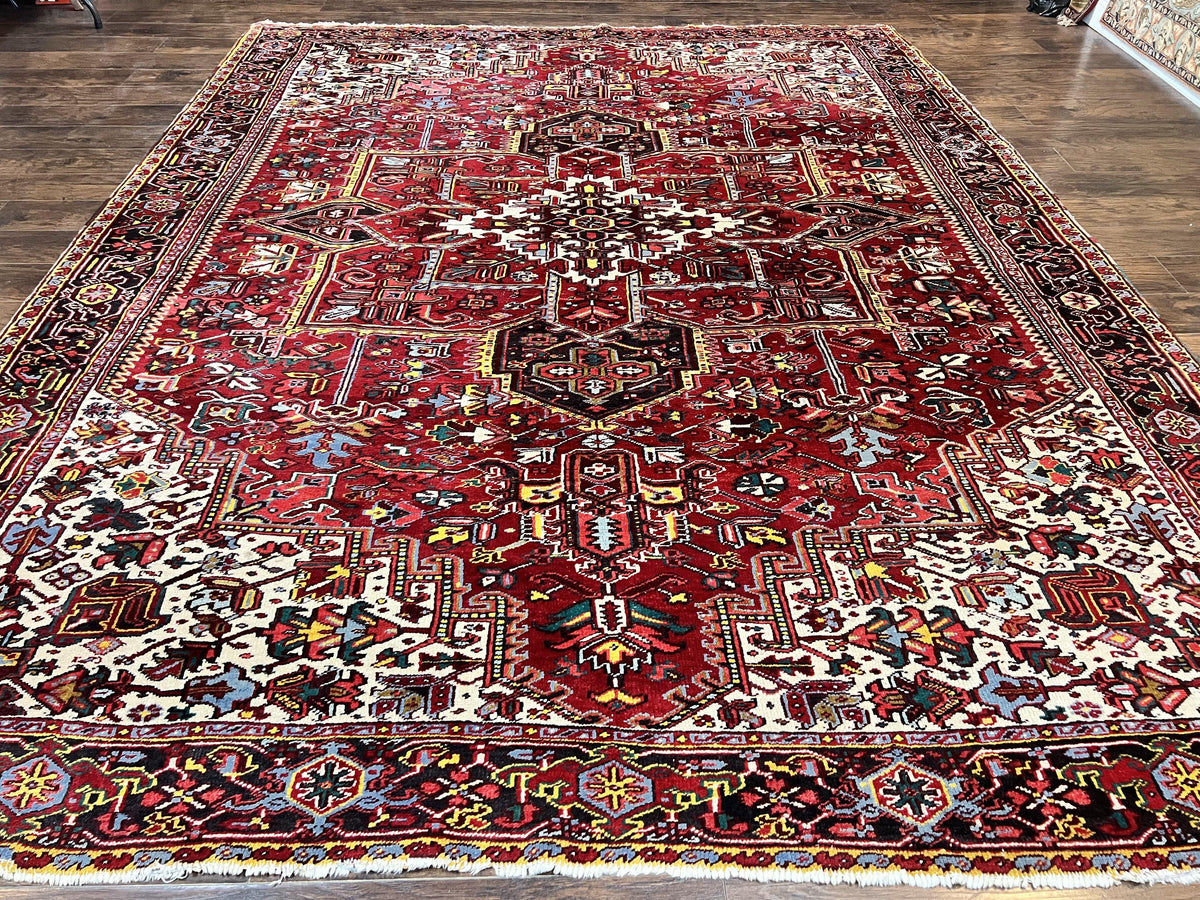 Persian Heriz Rug 10x13, Wool Hand Knotted Vintage Carpet, Geometric Medallion Tribal Oriental Rug, Red & Ivory, 10 x 13 Large Sized Rug - Jewel Rugs, view 2