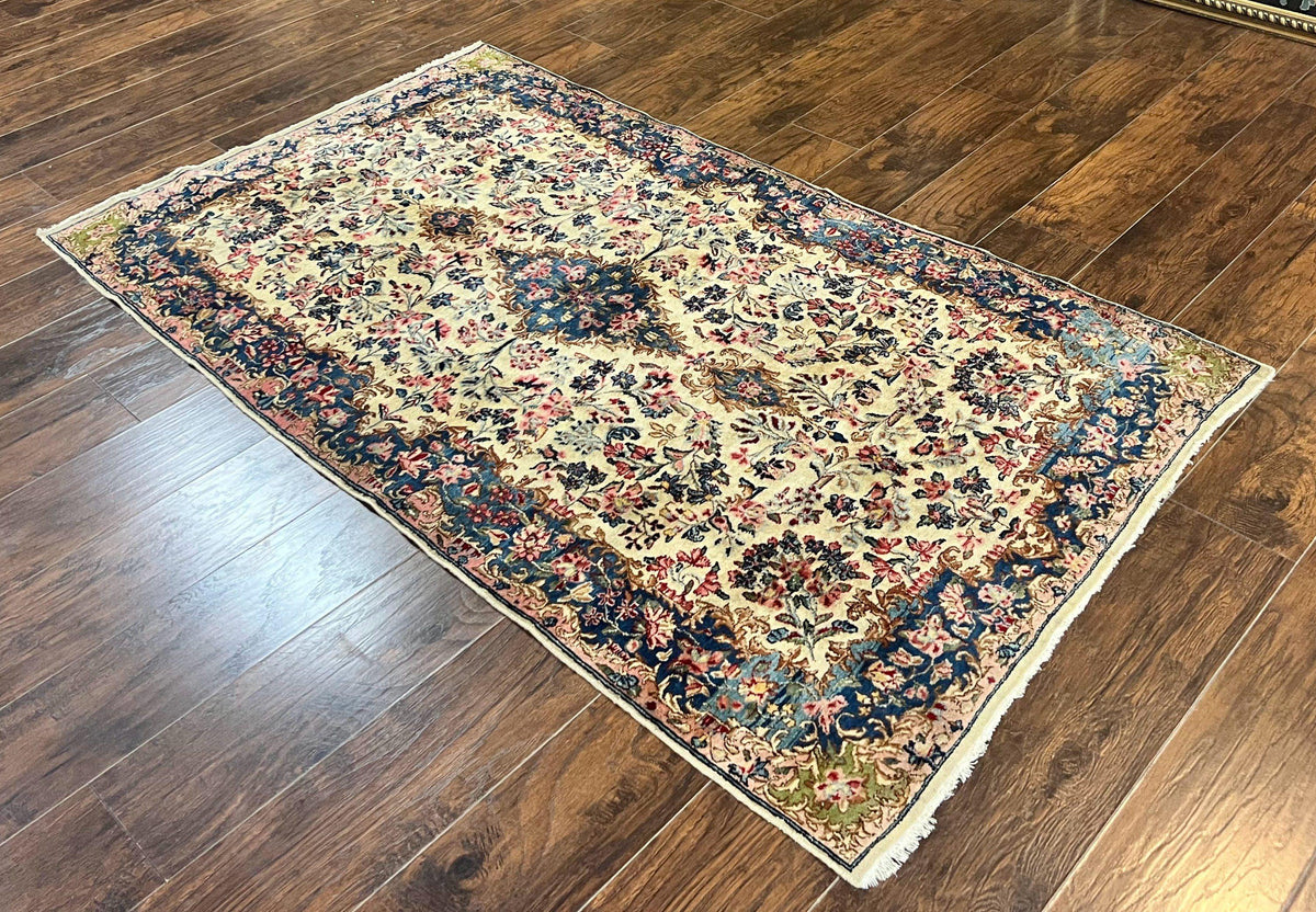 Antique Persian Kirman Rug 4x7, Cream and Navy Blue, Hand Knotted Wool Floral Carpet - Jewel Rugs, view 3