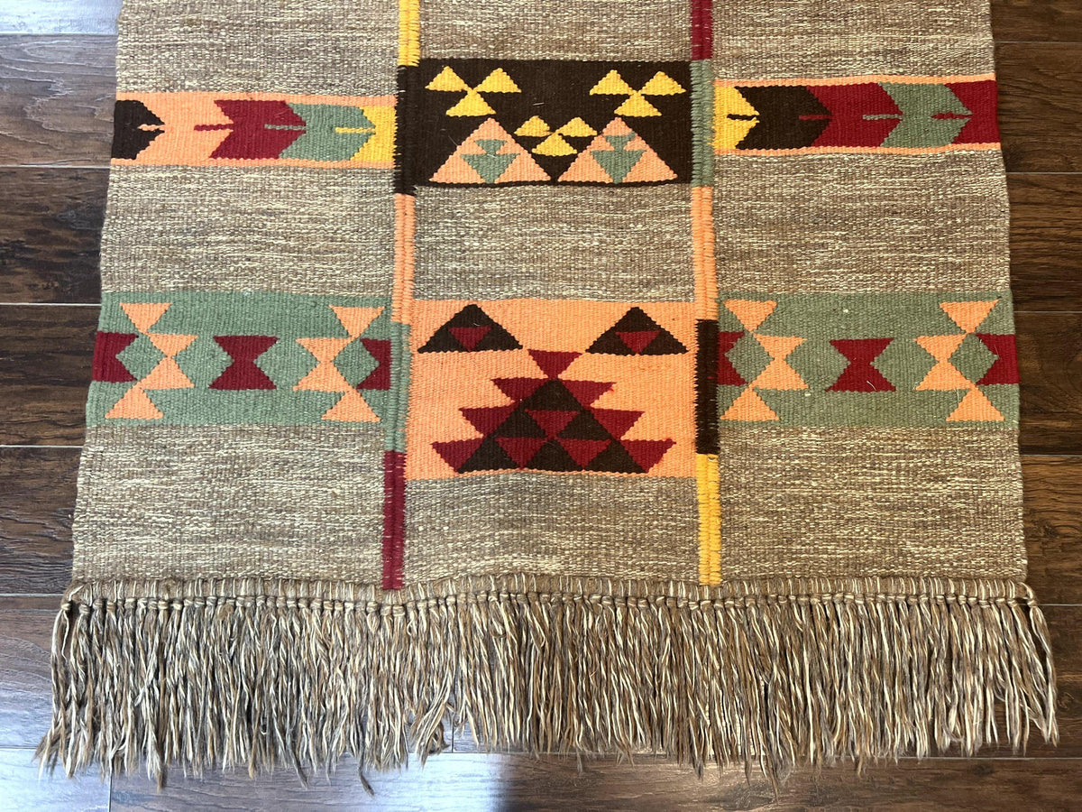 South American Flatweave Rug, Gray, Handmade Vintage Wool Bohemian Blanket - Jewel Rugs, view 6
