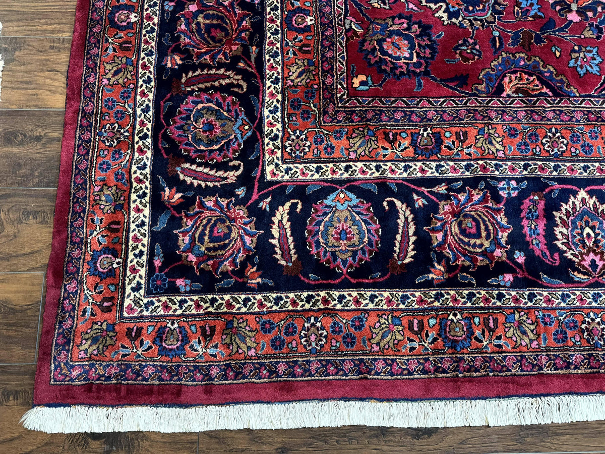 Palace Size Persian Mashad Rug 12x16, Raspberry and Navy Blue, Signature from Master Weaver, Antique Handmade Large Wool Carpet - Jewel Rugs, view 8