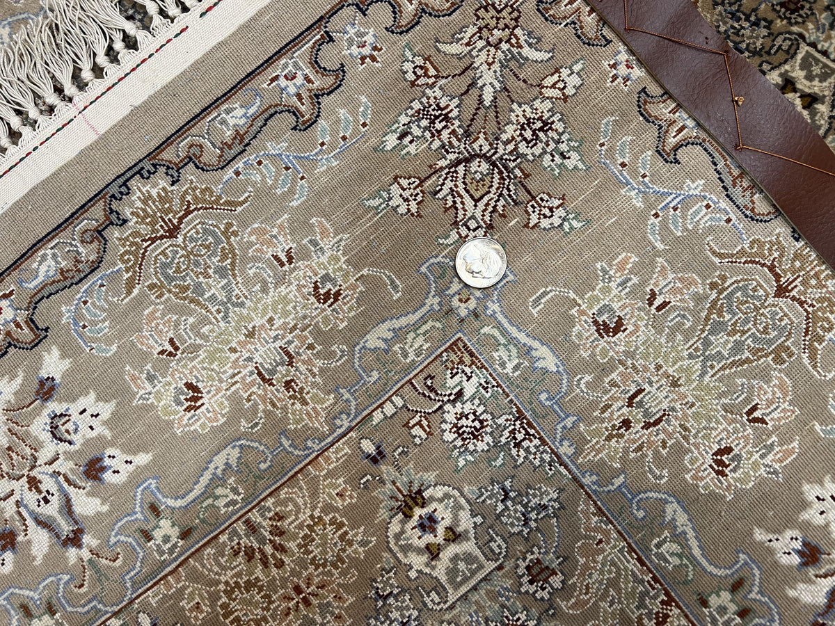 Super Fine Persian Isfahan Rug 3x5 ft, Kork Wool on Silk Foundation, Repeated Floral Motif, Taupe Tan Hand Knotted Oriental Carpet 3 x 5 ft, Signed - Jewel Rugs, view 11