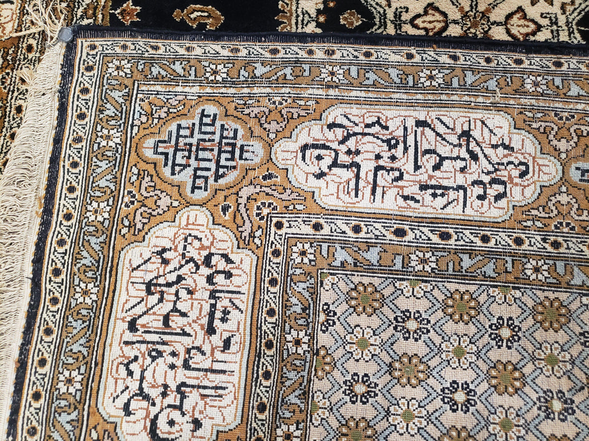 Persian Silk Qum Rug, Silk on Silk, Black Golden Brown and Beige, Hand-Knotted, 3'6" x 5' 5" - Jewel Rugs, view 10