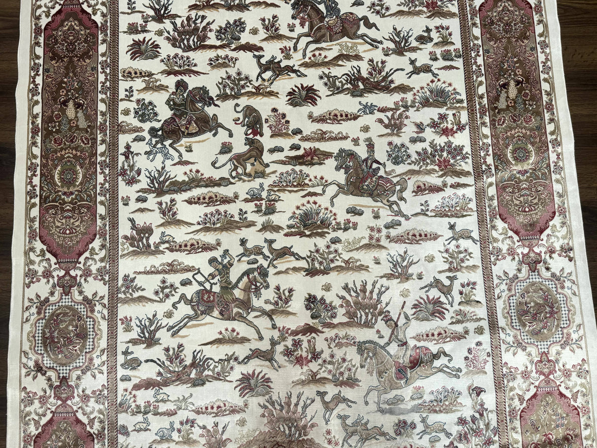 Turkish Silk Rug 5x8, Ivory, Hunting Design, Animal Pictorials, Bamboo Silk - Jewel Rugs, view 6