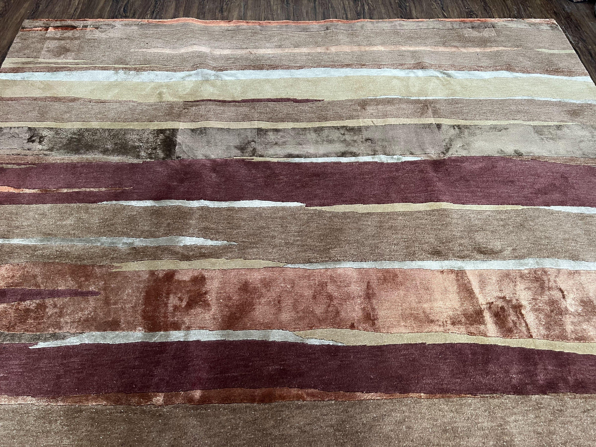 Modern Tibetan Rug 8x11 Nepali Carpet, Shiny Velvely Soft Wool and Silk, Contemporary Hand Knotted Rug, Striped Design, Wool Area Rug 8 x 11 - Jewel Rugs, view 6