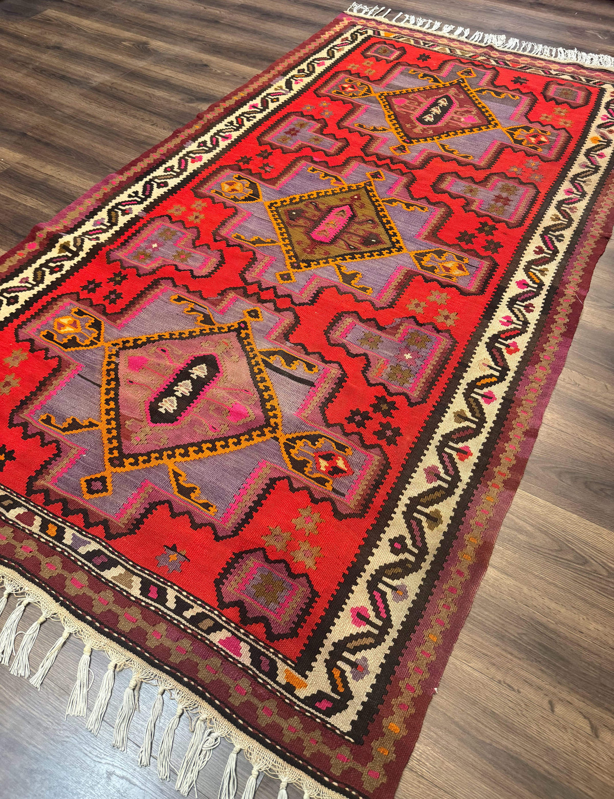 Persian Kurdish Zarand Kilim Rug 5x9, Red, Geometric Medallions, Wide Runner - Jewel Rugs, view 3