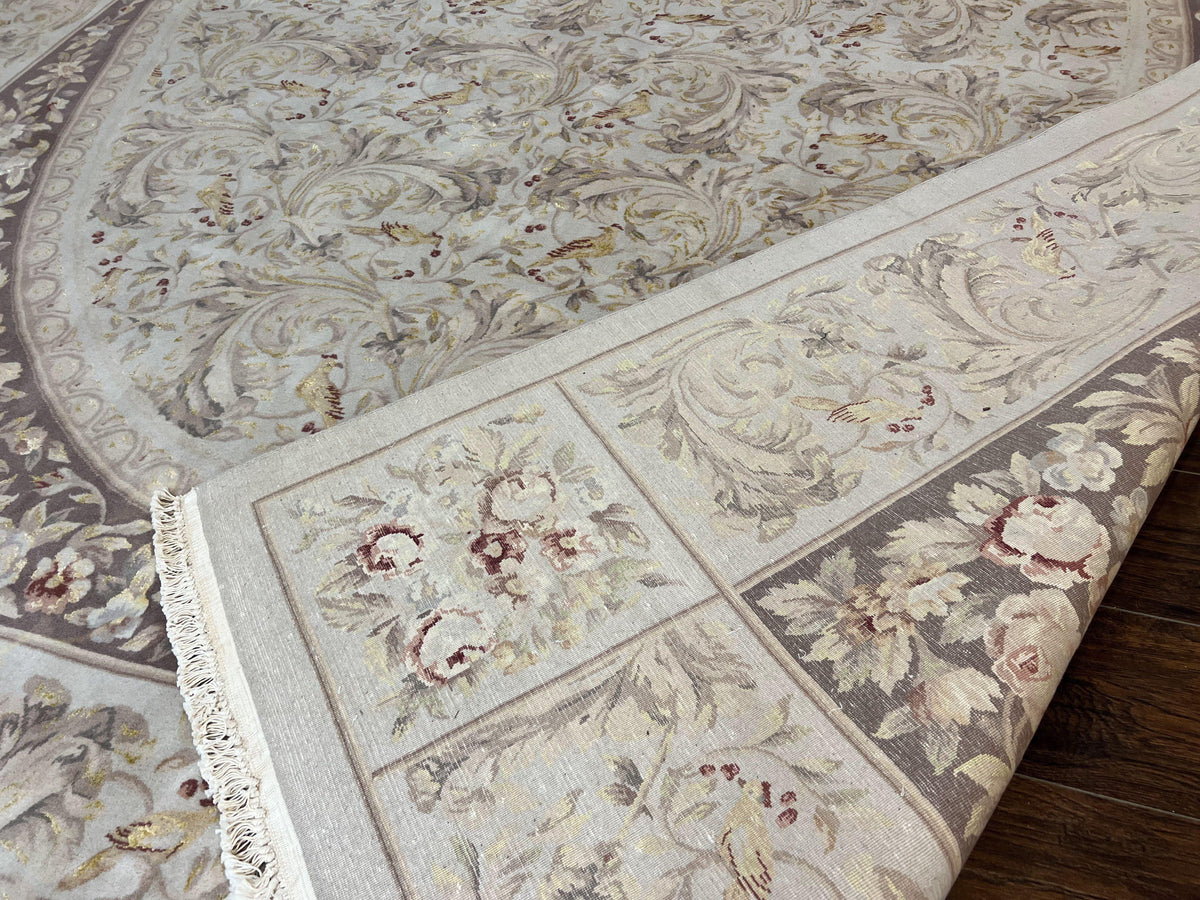 Aubusson Rug 10x14, Wool & Silk Highlights Hand Knotted Vintage Carpet, Birds Flowers, Fine Details, Elegant - Jewel Rugs, view 11