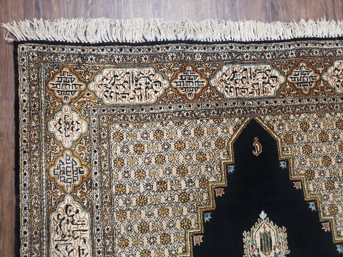 Persian Silk Qum Rug, Silk on Silk, Black Golden Brown and Beige, Hand-Knotted, 3'6" x 5' 5" - Jewel Rugs, view 6
