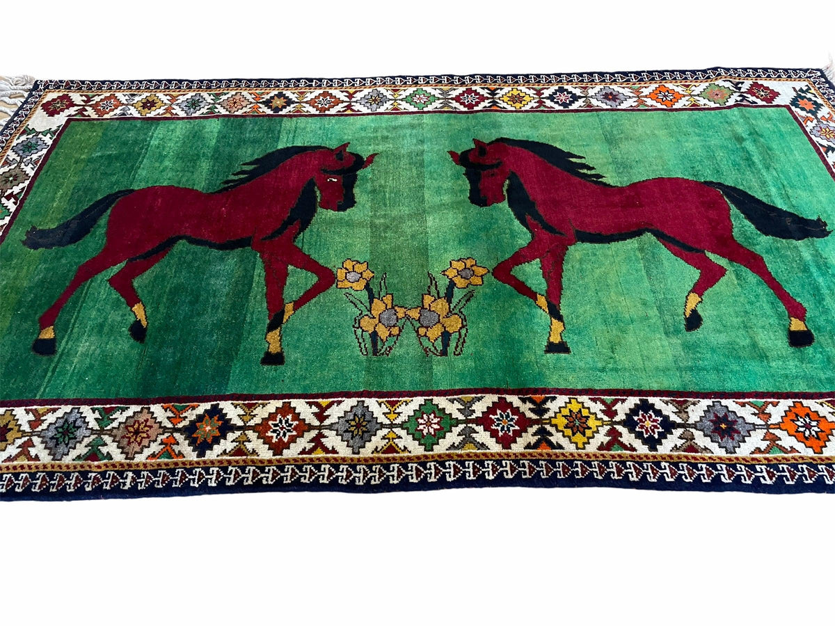 4 X 7 Handmade Rug Zagros Quality Wool Pictorial Horses Green Butterfly Colorful - Jewel Rugs, view 12