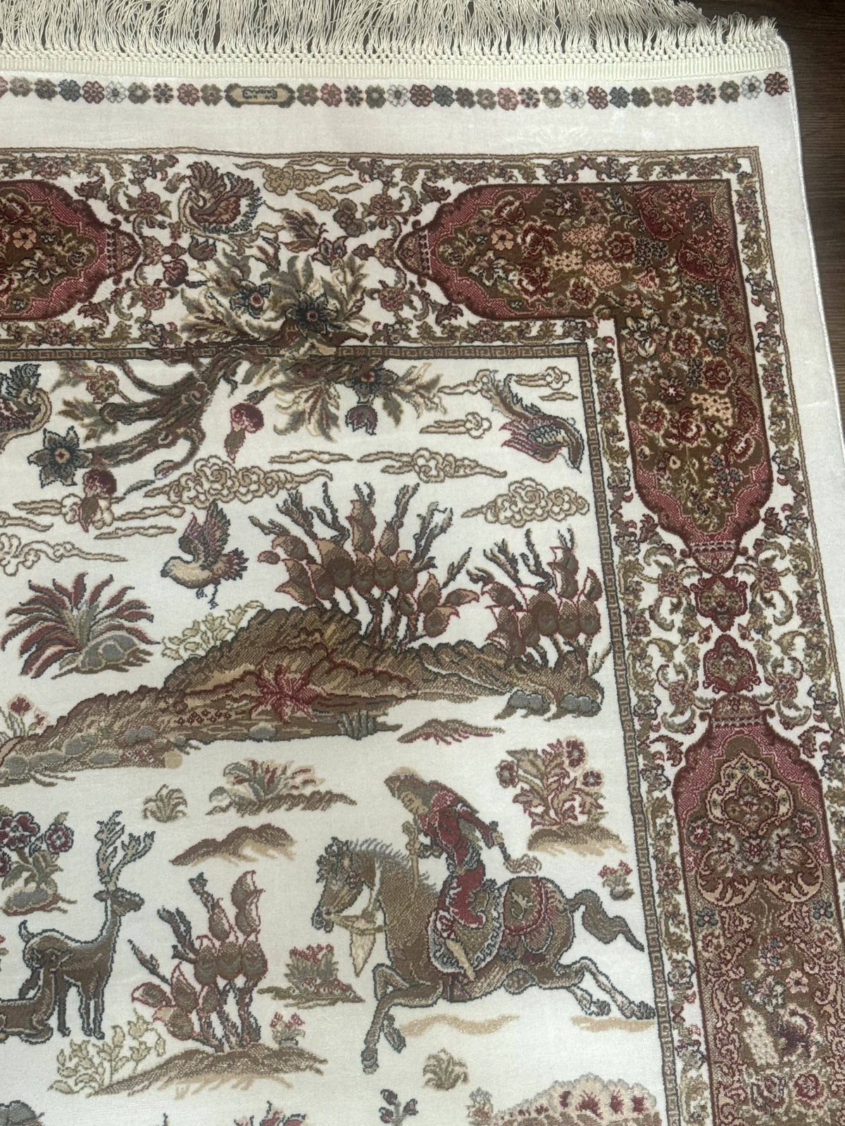 Long Turkish Silk Runner Rug 2.6 x 16.5, Hunting Design, Ivory, Bamboo Silk, New - Jewel Rugs, view 6