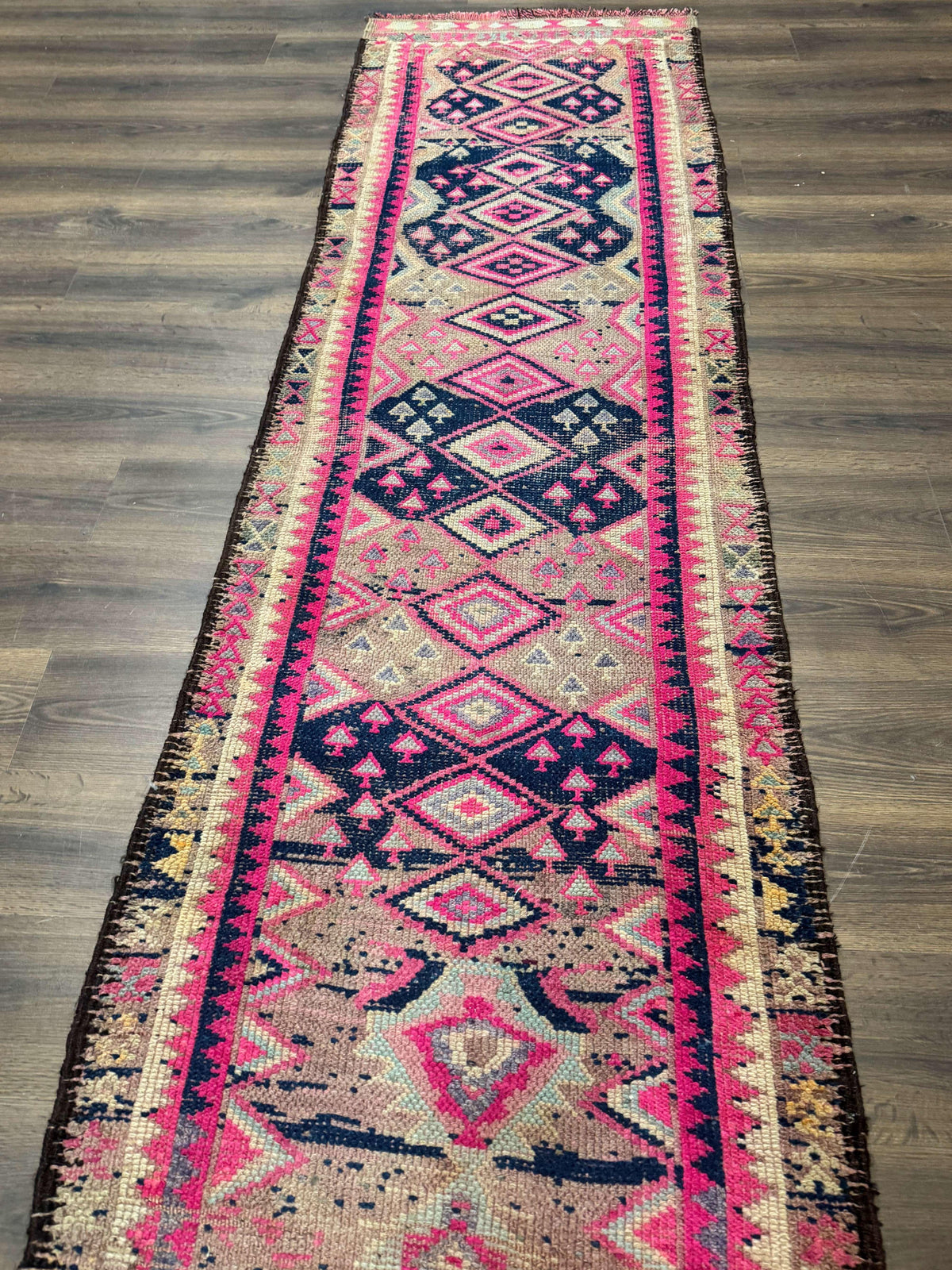 Turkish Runner Rug 3x10, Pink and Navy Blue, Bohemian Runner for Hallway or Kitchen, Vintage, Geometric, Tribal - Jewel Rugs, view 3
