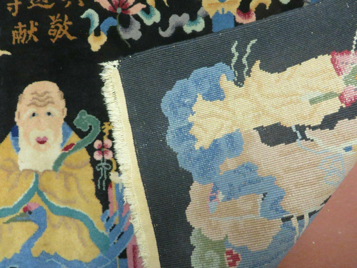 Chinese Wool Pictorial Rug 3x6 Counsel of Wise Elders Philosophers, Vintage Hand Knotted Black Chinese Carpet, Swan, Clouds Confucius, Rare - Jewel Rugs, view 10