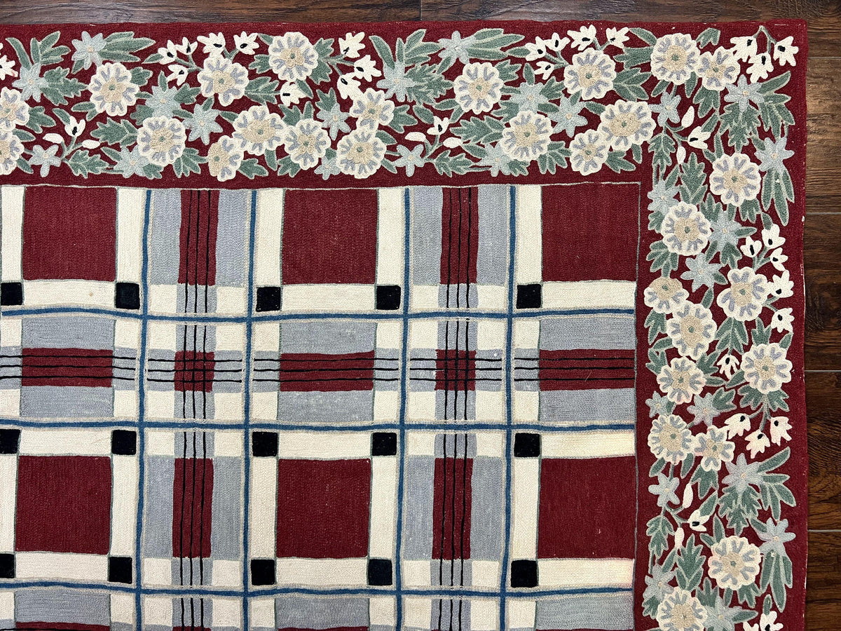 Indian Hand Stitched Rug 4x6, Vintage Carpet, Checkerboard Floral Pattern, Maroon Ivory, Flatweave, Wool - Jewel Rugs, view 8