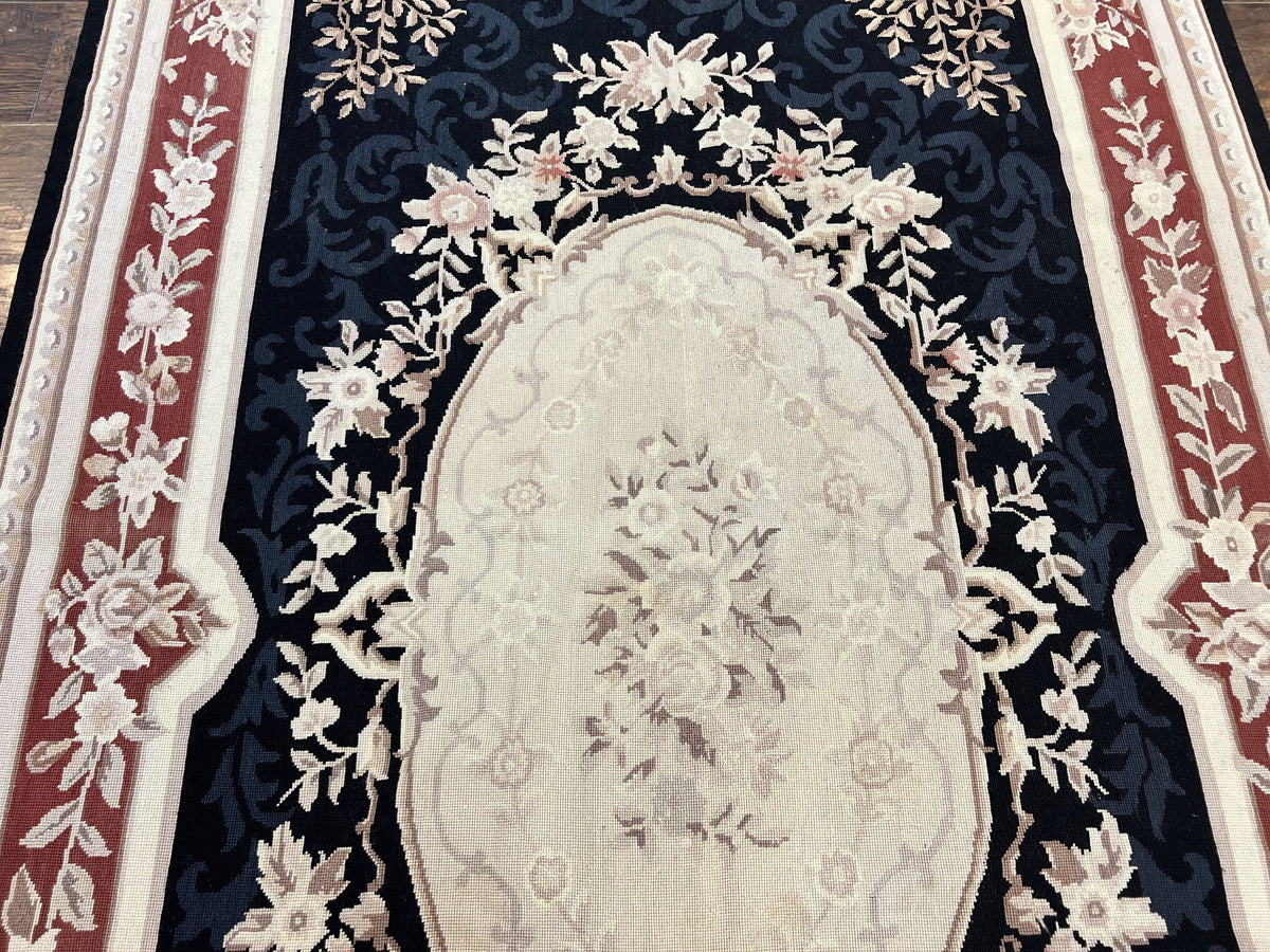 Needlepoint Rug 5x8, Wool Handmade Vintage European Design Carpet, Black & Maroon, French Aubusson Pattern Flatweave Rug - Jewel Rugs, view 13