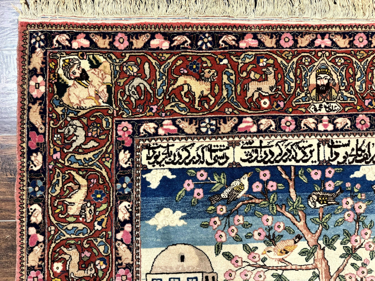 Wonderful Persian Kashan Pictorial Rug 4.7 x 6.5, Persian Rug for Wall Hanging, Handmade Antique Wool Carpet Animal Motifs Poetry Lovers, 240 KPSI - Jewel Rugs, view 7