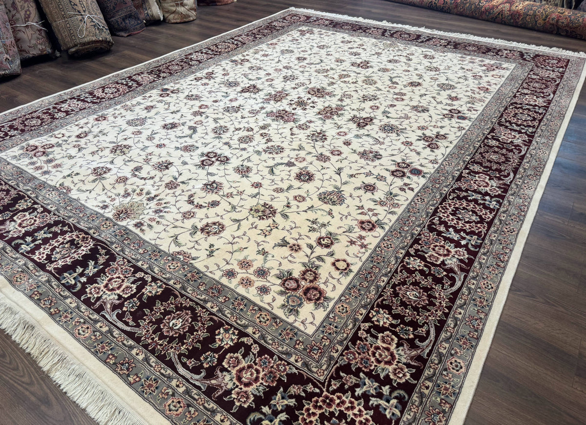 Sino Persian Rug 9x12, Floral Allover Design, 170 KPSI, Ivory and Dark Maroon - Jewel Rugs, view 2