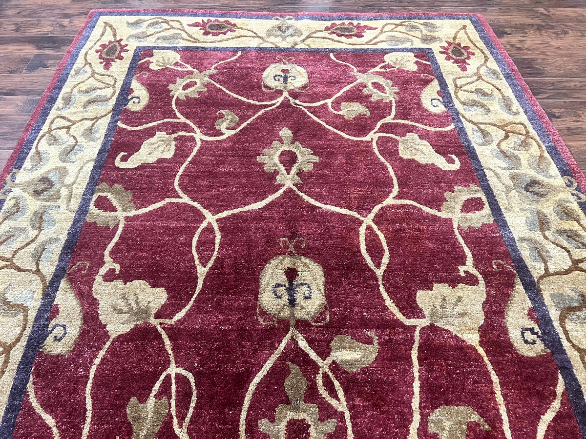 Tibetan Aubusson Rug 8x10, Maroon and Beige, Floral, Handmade, Wool, Vintage, Traditional Rug - Jewel Rugs, view 4