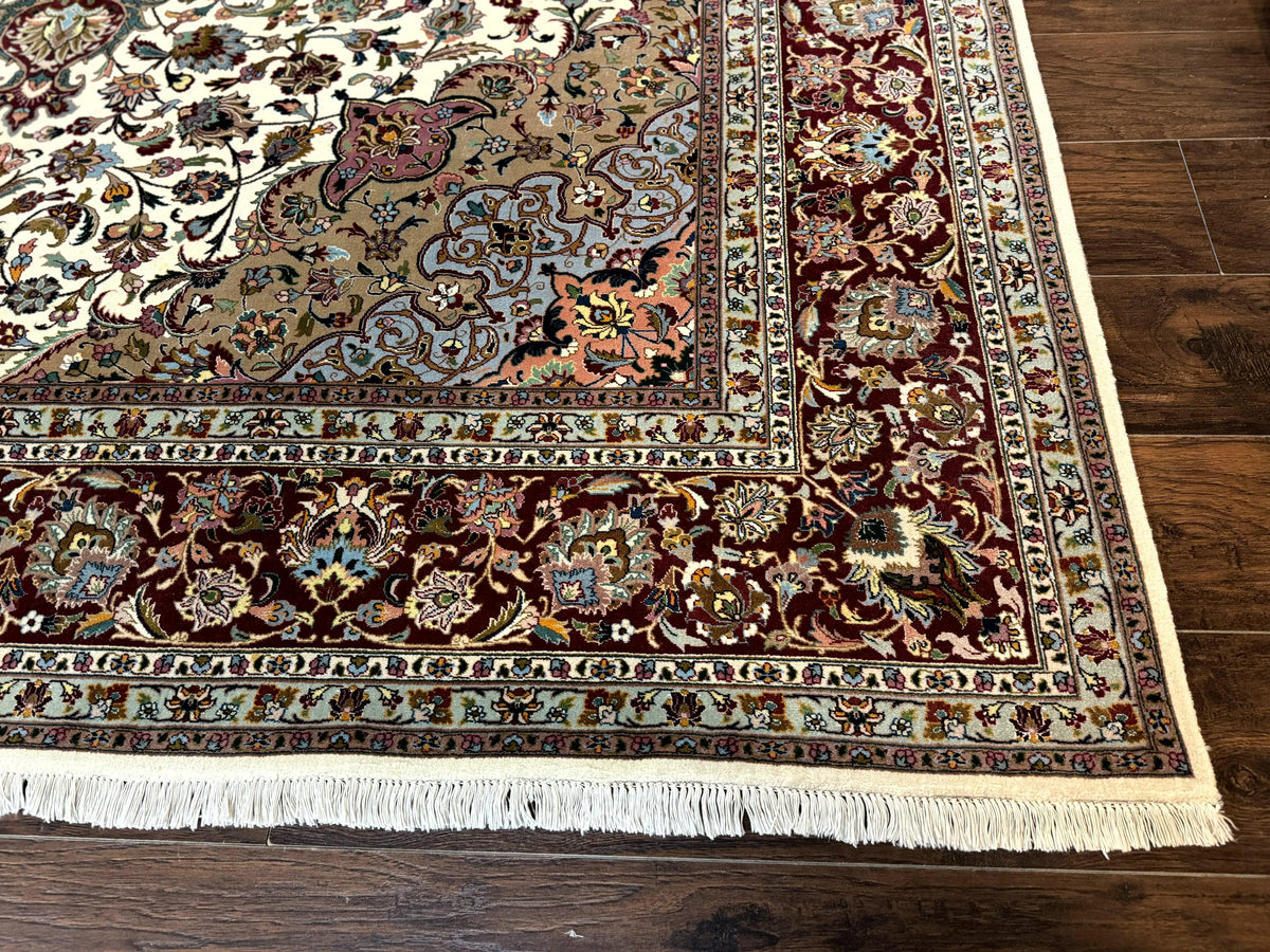 Persian Tabriz Rug 8x11, Floral Medallion Traditional Area Rug, Fine 300 KPSI, Ivory Maroon - Jewel Rugs, view 9