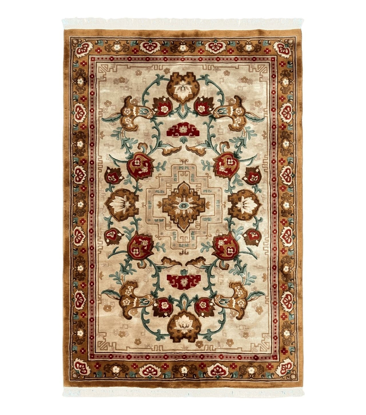 Chinese Wool Rug 5.9 x 9, Tan and Brown Asian Art Deco Carpet, Vintage 1960s Oriental Rug, Hand-Knotted Rug, Soft Wool, Medallion, Pair B - Jewel Rugs