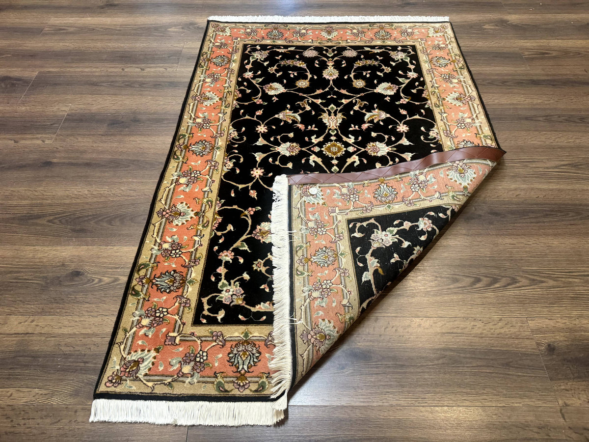 Persian Tabriz Rug 3x5 Black and Salmon Floral Fine Handmade 360 KPSI - Jewel Rugs, view 12