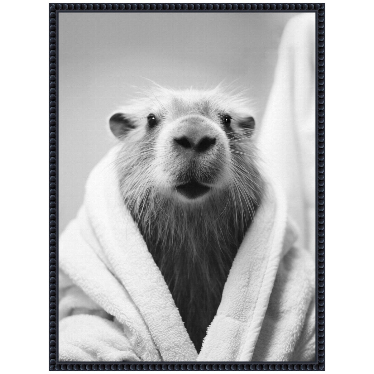 Sylvie Capybara Bathroom Art Towel Robe Black and White Framed Canvas by The Creative Bunch Studio