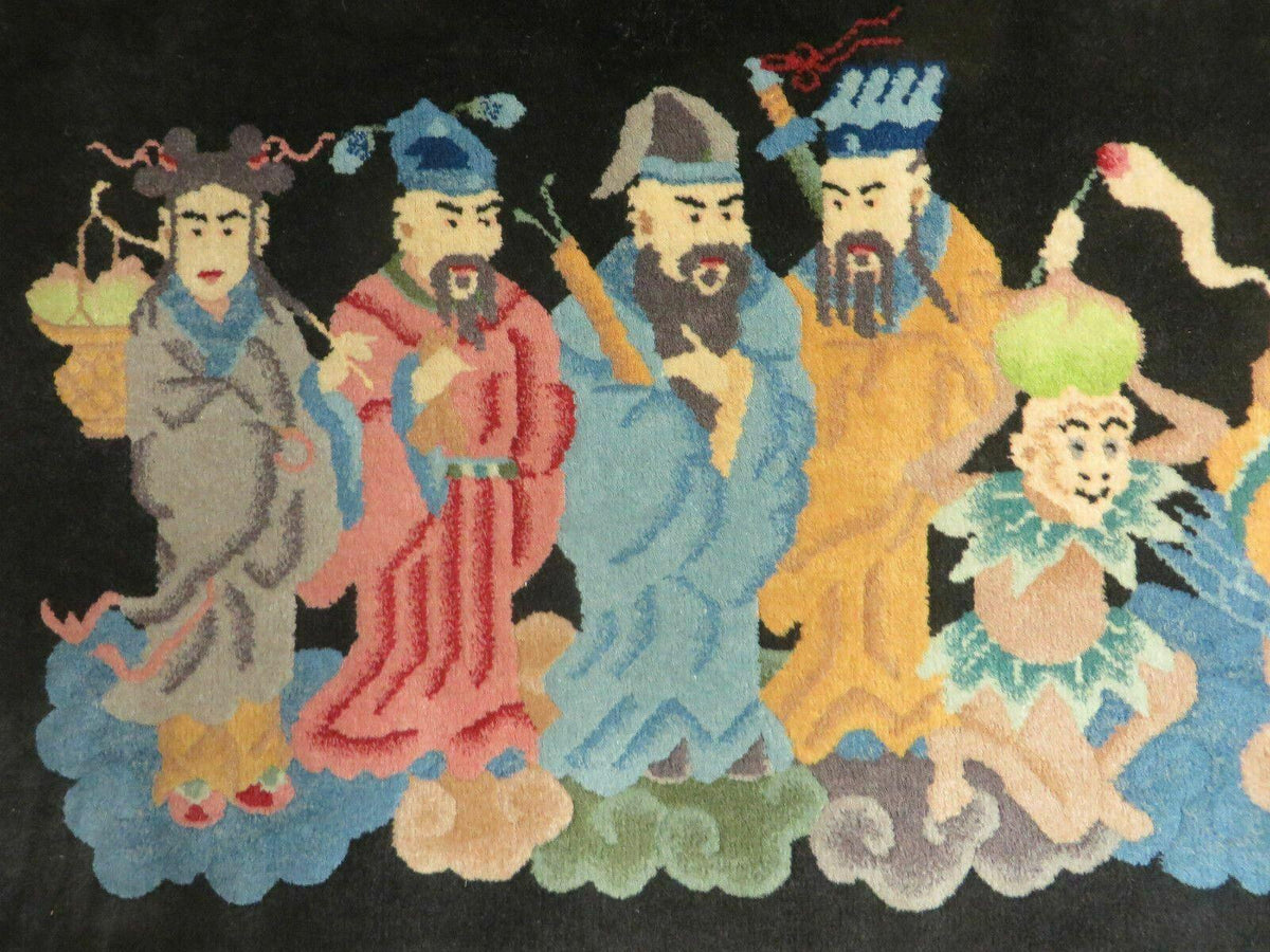 Chinese Wool Pictorial Rug 3x6 Counsel of Wise Elders Philosophers, Vintage Hand Knotted Black Chinese Carpet, Swan, Clouds Confucius, Rare - Jewel Rugs, view 6