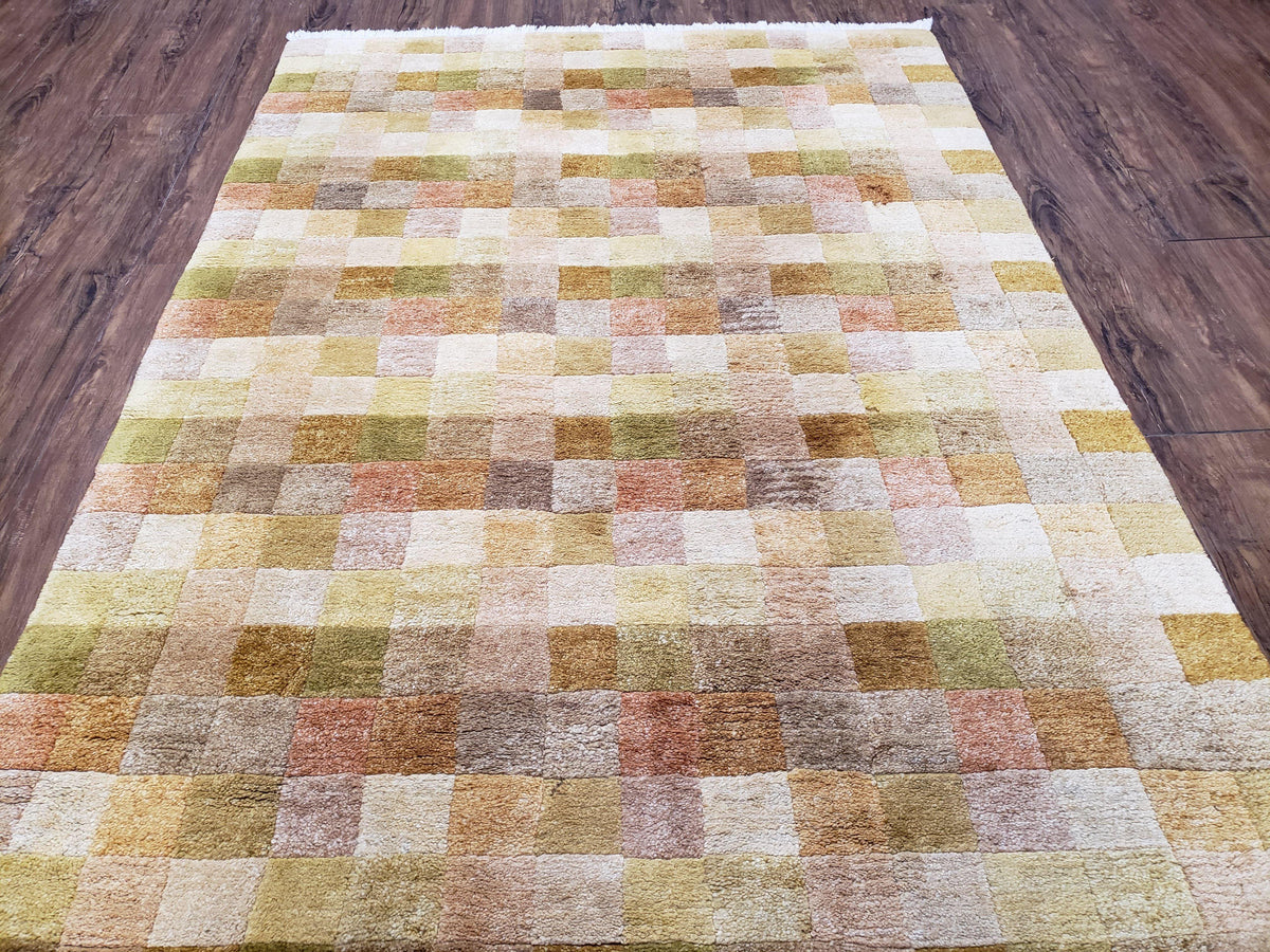 4x6 Tibetan Rug, Modern Abstract Handmade Area Rug, Checkerboard Pattern, Neutral Ivory Gold Tan Colors, Soft Pile, Mid Sized Rug, Nepali - Jewel Rugs, view 5