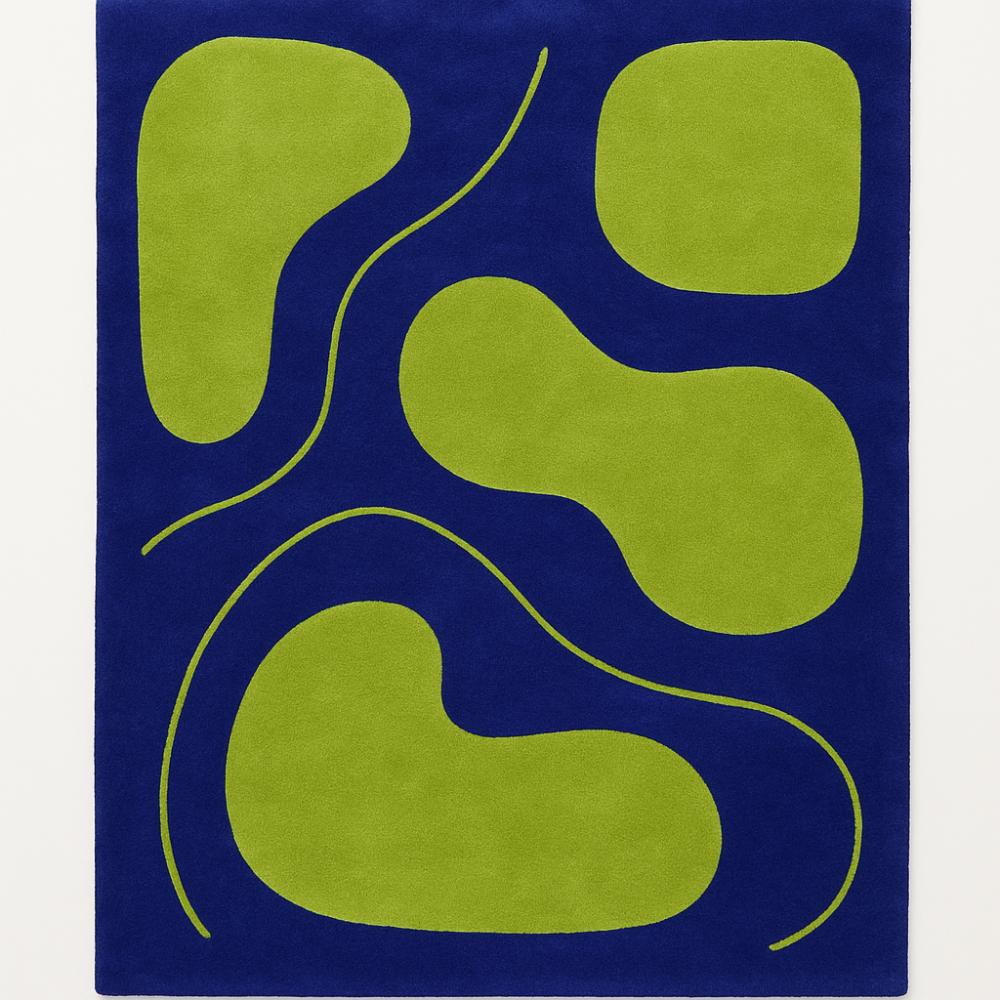 create a rectangular rug with pastel organic patterns on it and line details. hand tufted rug sample