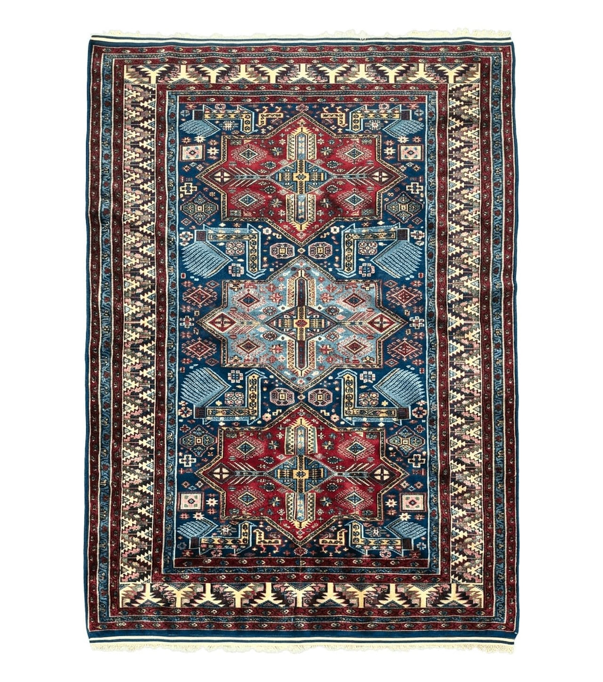 Indian Rug with Caucasian Design, 4x6 Geometric Carpet, Navy Blue and Cream - Jewel Rugs