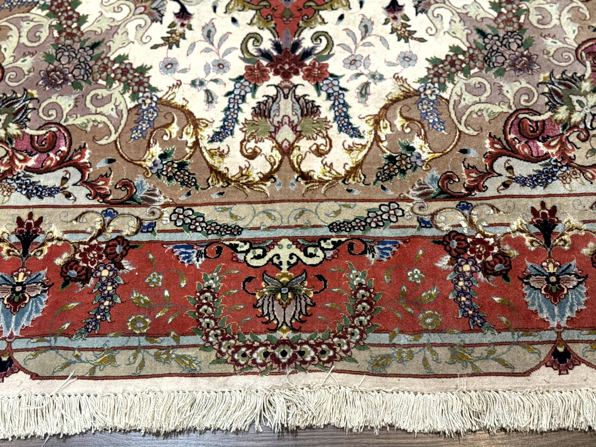Wonderful Persian Tabriz Rug 5x7, Very Fine 440 KPSI, Ivory and Coral, Rare - Jewel Rugs, view 6