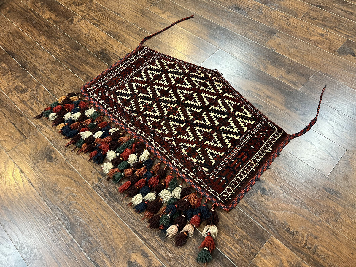 Antique Turkoman Camel Trapping, Turkoman Asmalyk, Red Black Ivory, Handmade, Hand Knotted Tribal Collectible Rug, Rare - Jewel Rugs, view 12