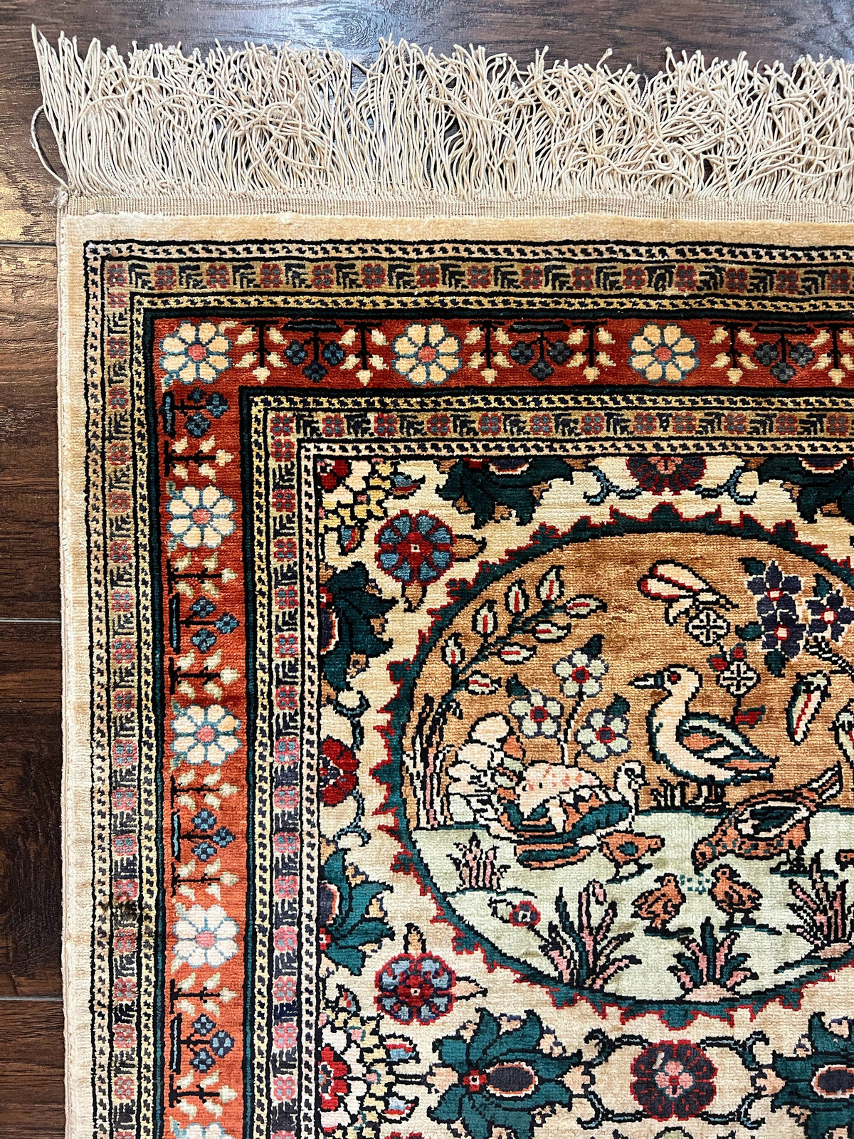 Silk Turkish Rug 2x4, Fine Handmade Oriental Rug, Animal Pictorial Birds Silk Pile on Silk Foundation Vintage Hand Knotted Hereke Carpet - Jewel Rugs, view 7