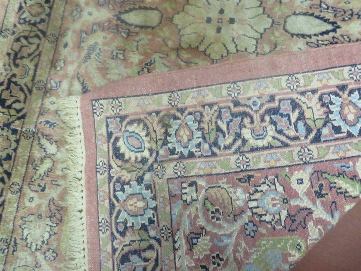 Indian Silk Rug 4x6, Indian Kashmiri Silk Carpet 4 x 6 ft, Vintage Hand Knotted Floral Bird Motifs, Light Pink and Navy Blue, Silk on Cotton - Jewel Rugs, view 11