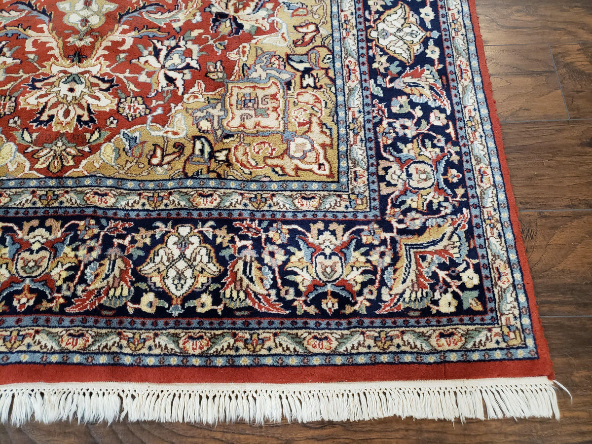 Vintage Indo Persian Oriental Rug 6 x 9.6, Wool Hand-Knotted Red Dark Blue & Gold Indian Carpet, 6 x 9 Office Room Rug, Floral Medallion - Jewel Rugs, view 9