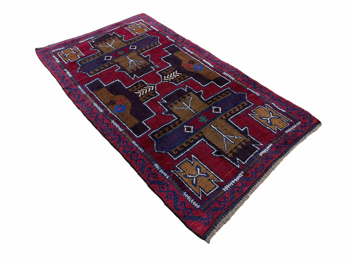 2' 10" X 4' 9" Vintage Handmade Tribal Wool Rug Balouchi Rug Afghan Rug Red Blue - Jewel Rugs, view 3
