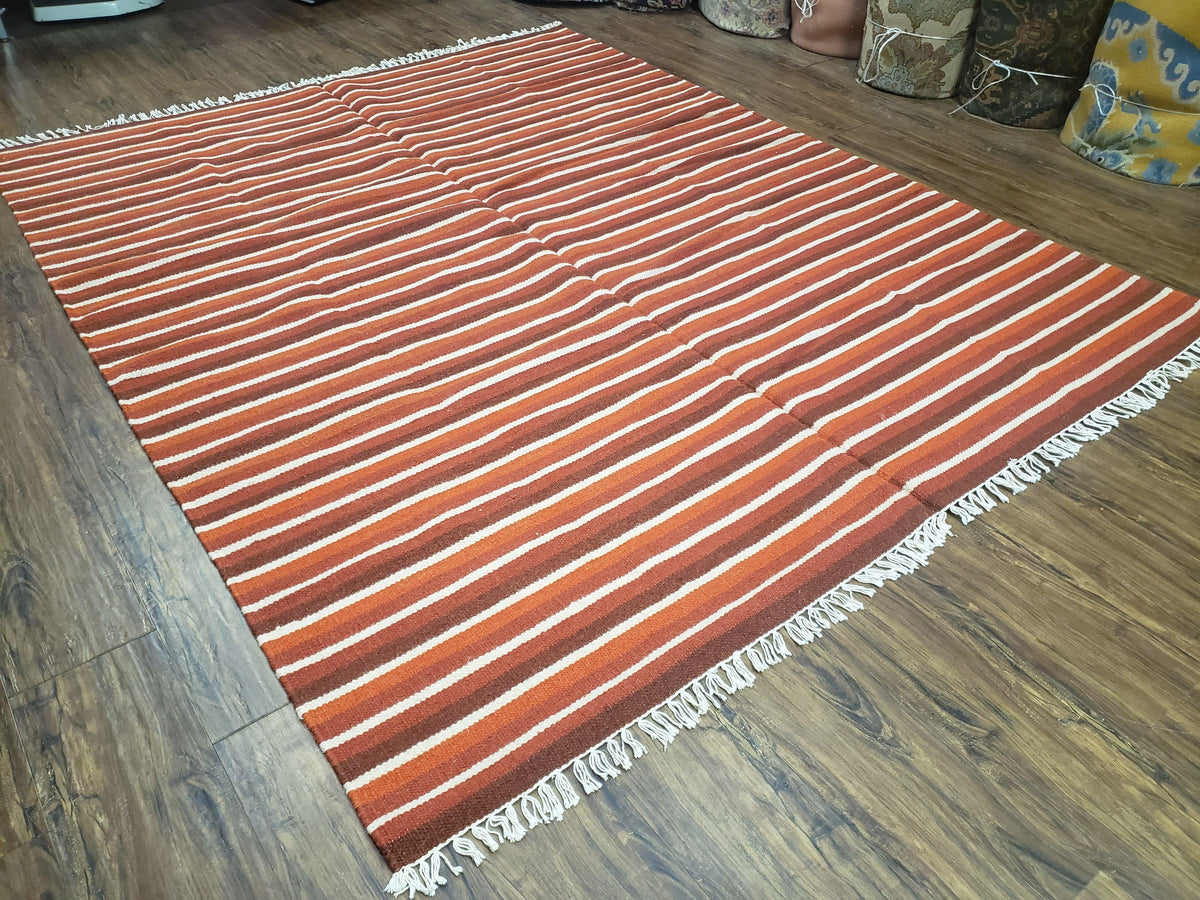 Large Striped Woolen Handmade Throw Blanket, Twin Size Bedding Hand-Woven, Indian Kilim Area Rug, 6x8 - 7x8, South American Style Textile - Jewel Rugs, view 13